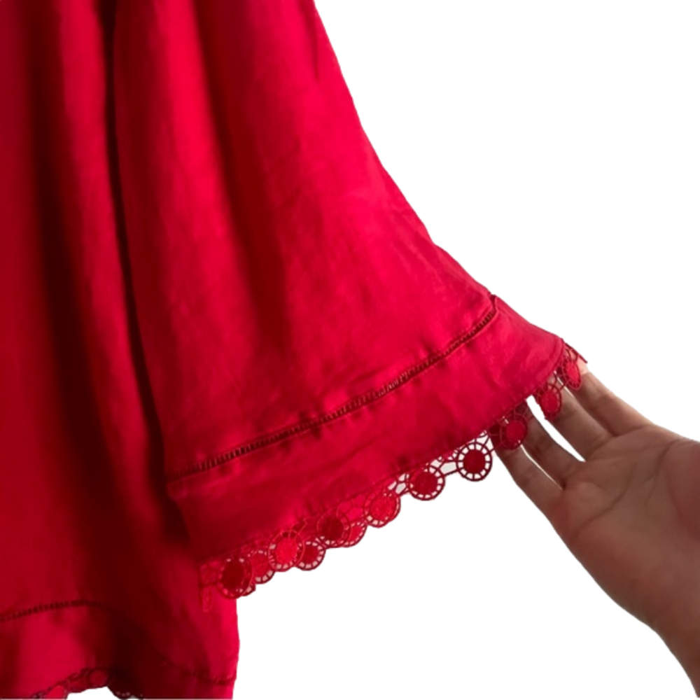 Lauren Ralph Lauren Linen Red V-Neck Peasant Top Embroidered Trim Sleeves Size M - Picture 5 of 8